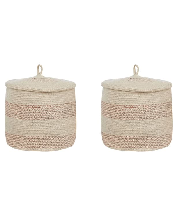 Sett med 2 Kurver Beige Rosa Bomull Stripete med lokk Vaskebokser Boho Tilbehør