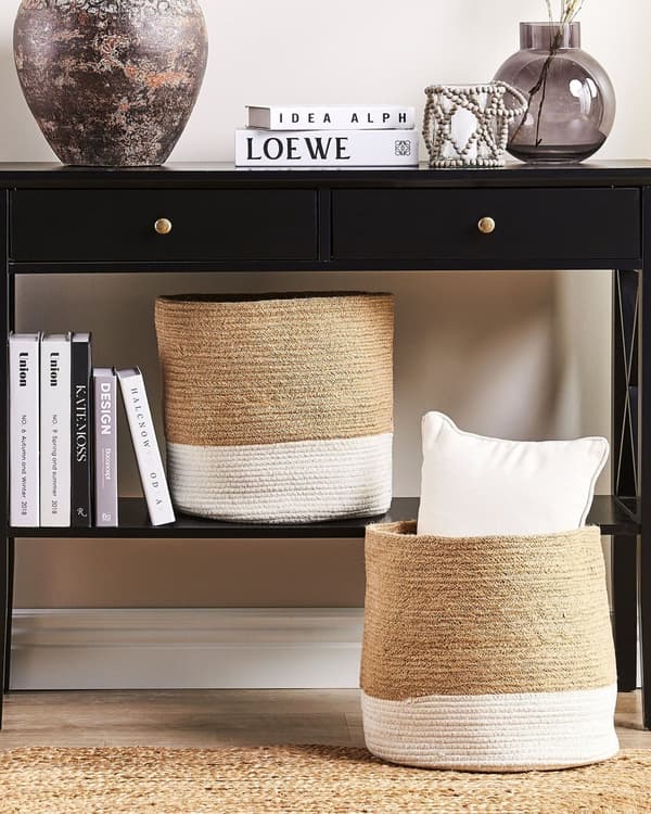 Set med 2 Förvaringskorgar Bomull Beige och Vit Flätade Tvättkorgar Tygkorgar