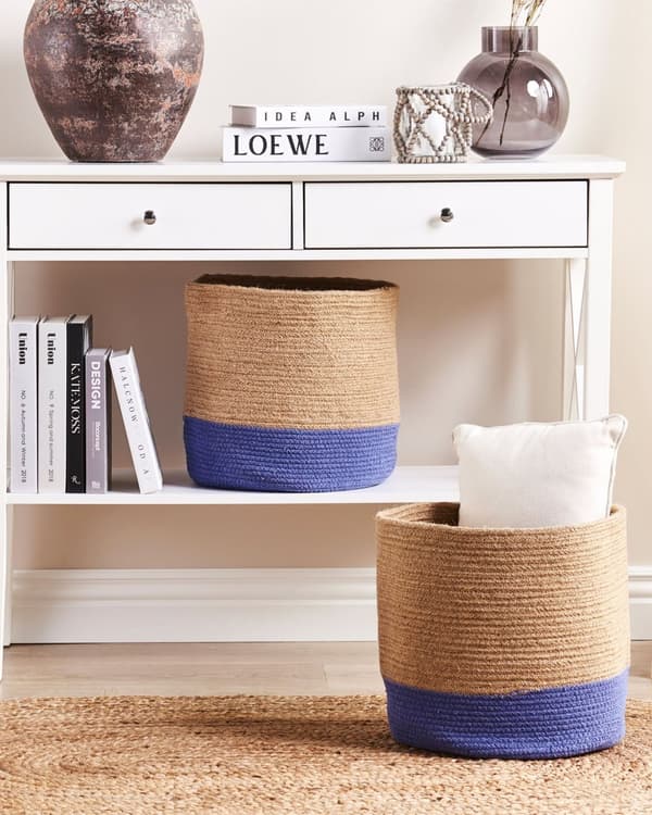 Set med 2 Förvaringskorgar Bomull Beige och Lila Flätade Tvättkorgar Tygkorgar