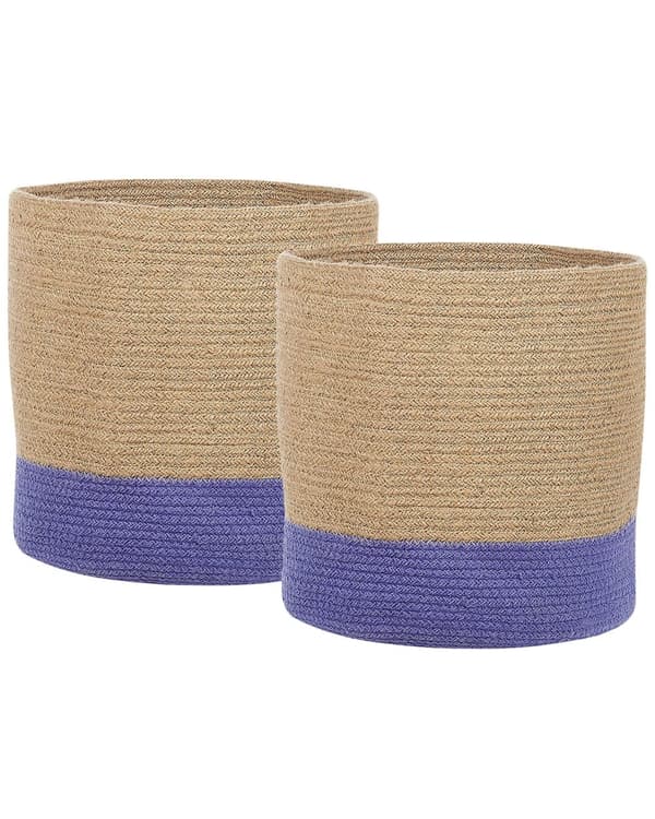 Set med 2 Förvaringskorgar Bomull Beige och Lila Flätade Tvättkorgar Tygkorgar