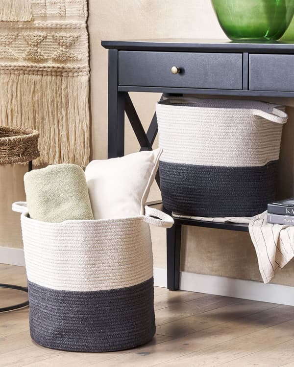 Set med 2 Förvaringskorgar Svart Vit Bomull Vävda Tvättkorgar Enkel Design Tvättstuga Sovrum Badrum
