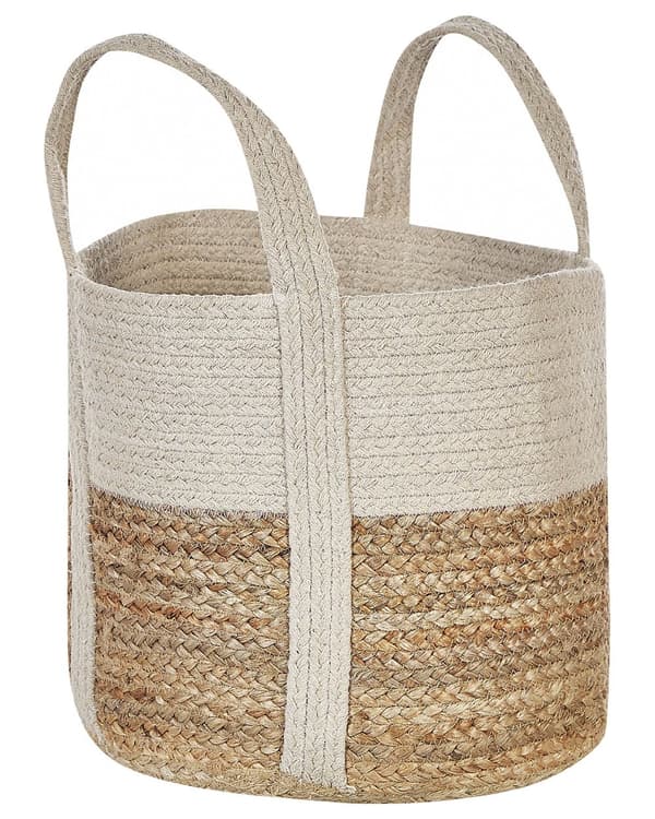 Kurv Hvit Beige Jute ø 35 cm Flettet Skittentøyskurv Oppbevaring Tilbehør Dekorativ