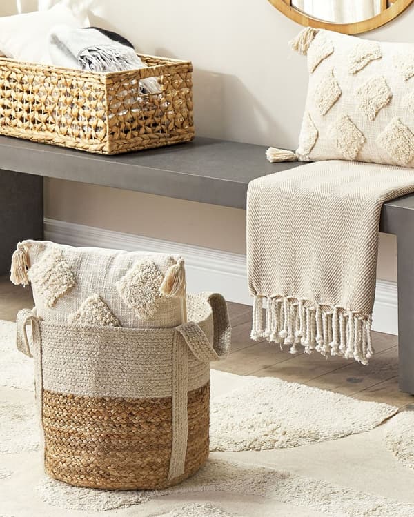 Kurv Hvit Beige Jute ø 35 cm Flettet Skittentøyskurv Oppbevaring Tilbehør Dekorativ