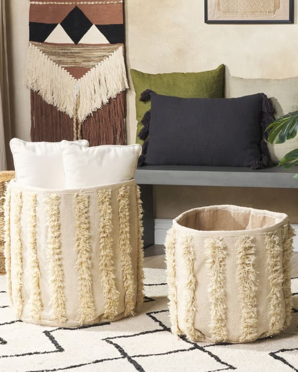 Kurve Beige Bomuld sæt af 2 45 / 40 cm Runde Opbevaringskurve Afrikansk Design med Frynser Kurve til Strikketøj Boho Vasketøjskurve