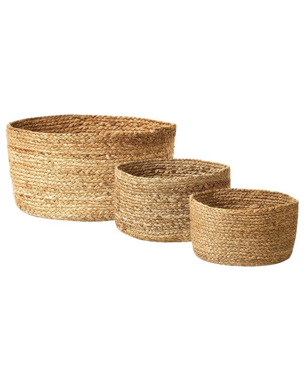 Fletkurve Natur Beige Jute sæt af 3 12 / 16 / 21 cm Runde Opbevaringskurve Afrikansk Design Flettede Kurve til Strikketøj Boho