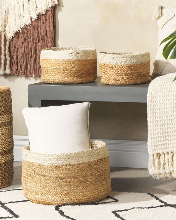 Fletkurve Natur Beige Jute sæt af 3 13 / 14 / 18 cm Runde Opbevaringskurve Afrikansk Design Flettede Kurve til Strikketøj Boho