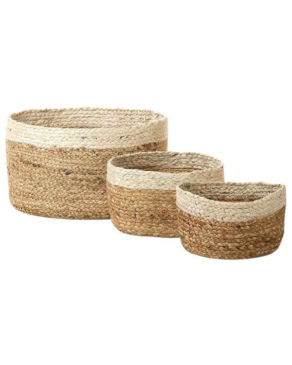 Fletkurve Natur Beige Jute sæt af 3 13 / 14 / 18 cm Runde Opbevaringskurve Afrikansk Design Flettede Kurve til Strikketøj Boho