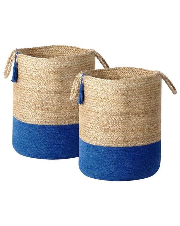 Sæt med 2 Opbevaringskurve Bomuld Jute Navy og Neutral 50 cm Vasketøjsbeholdere Boho Stil