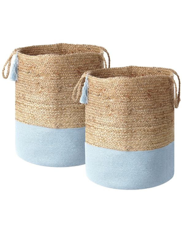 Sæt med 2 Opbevaringskurve Bomuld Jute Blå og Naturlig 50 cm Vasketøjsbeholdere Boho Stil