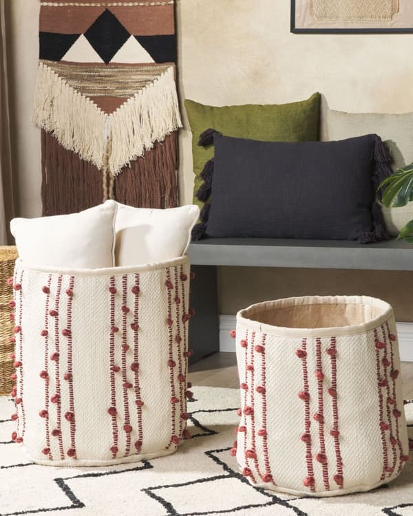 Kurve Beige Rød Bomuld sæt af 2 45 / 40 cm Runde Opbevaringskurve Afrikansk Design med Frynser Flettede Kurve Strikketøj Boho Vasketøjskurve