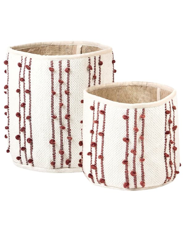 Kurve Beige Rød Bomuld sæt af 2 45 / 40 cm Runde Opbevaringskurve Afrikansk Design med Frynser Flettede Kurve Strikketøj Boho Vasketøjskurve