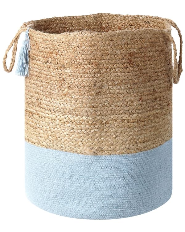 Kori beige vaaleansininen 50 x 50 x 50 cm juutti puuvilla pyöreä 2 kpl kahvoilla käsintehty boho rustiikkinen