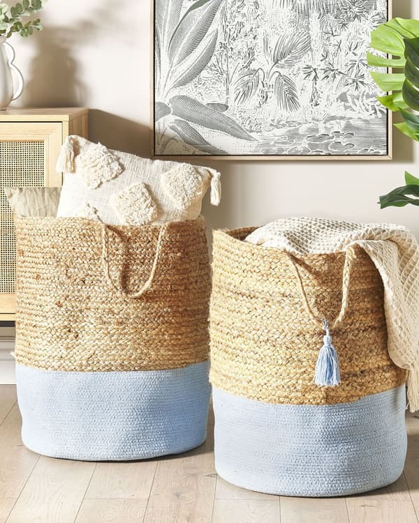 Kori beige vaaleansininen 50 x 50 x 50 cm juutti puuvilla pyöreä 2 kpl kahvoilla käsintehty boho rustiikkinen