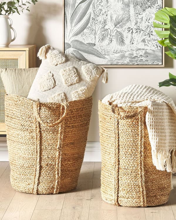 Kori luonnonväri 30 x 50 x 30 cm juutti pyöreä 2 kpl kahvoilla käsintehty boho rustiikkinen