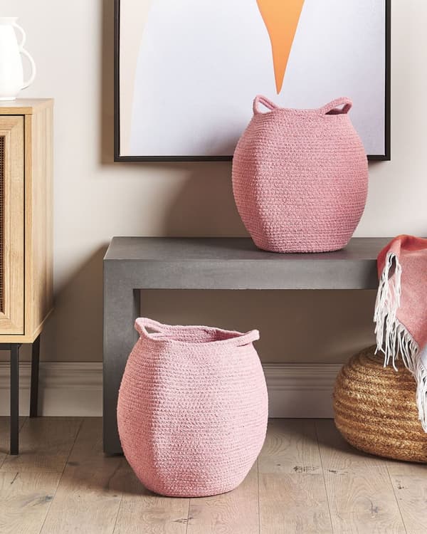 Sett med 2 kurver Rosa Bomull 20 x 30 cm Håndvevd Oppbevaring Tilbehør Dekorativ Korg Skittentøyskurv
