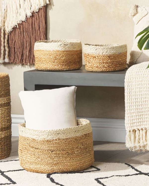 Set med 3 Förvaringslådor Naturlig Beige Jute 13/14/18 cm Höjd Tvättkorg Skräpkorg Tillbehör Dekoration Bohemisk