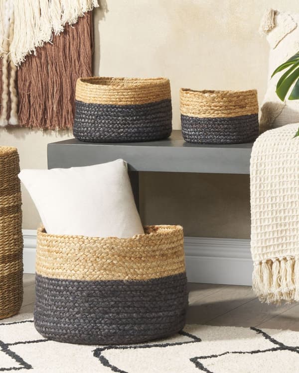 Set med 3 Förvaringslådor Naturlig Svart Jute 13/15/25 cm Höjd Tvättkorg Skräpkorg Tillbehör Dekoration Bohemisk
