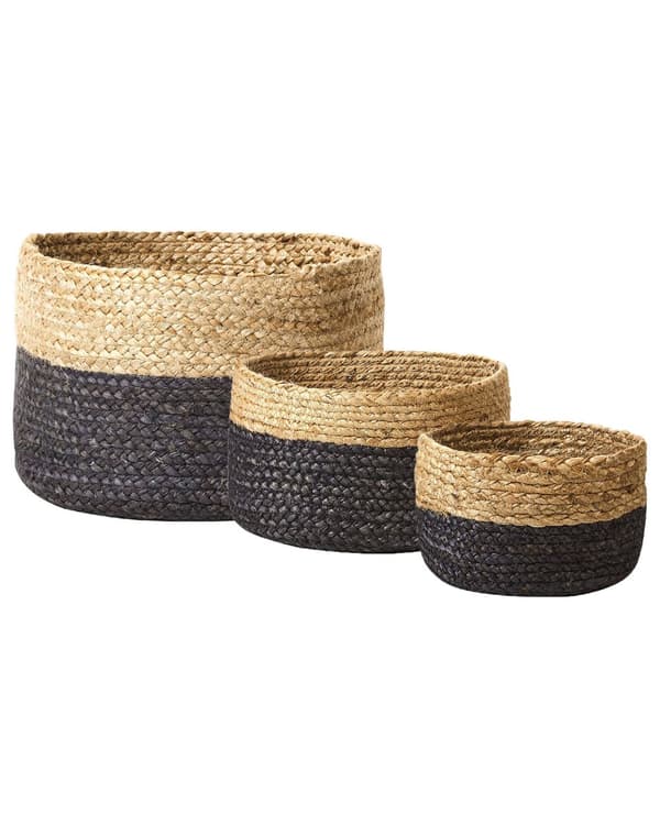 Set med 3 Förvaringslådor Naturlig Svart Jute 13/15/25 cm Höjd Tvättkorg Skräpkorg Tillbehör Dekoration Bohemisk
