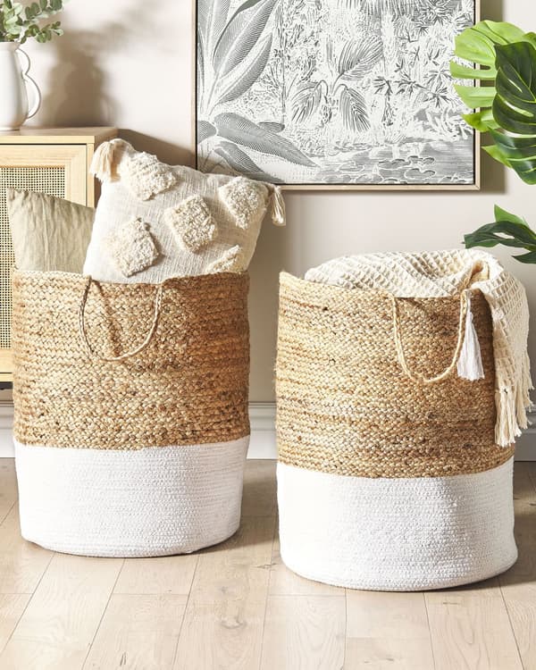 Set med 2 Förvaringskorgar Bomull Jute Vit och Naturlig 50 cm Tvättkorgar Bohemiska