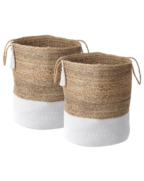 Set med 2 Förvaringskorgar Bomull Jute Vit och Naturlig 50 cm Tvättkorgar Bohemiska