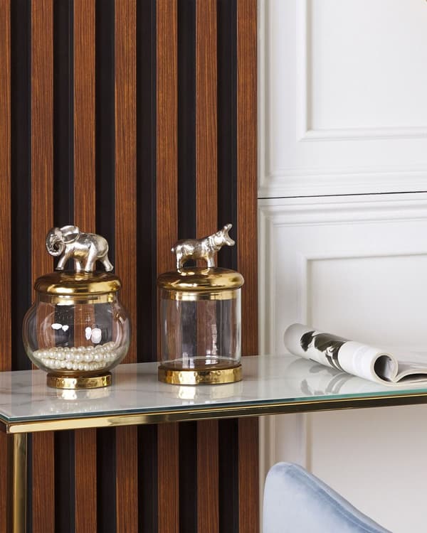 Set med 2 Dekorativa Behållare Guld och Silver Aluminiumburkar Djurmotiv Lock Genomskinliga Hall Vardagsrum Kök