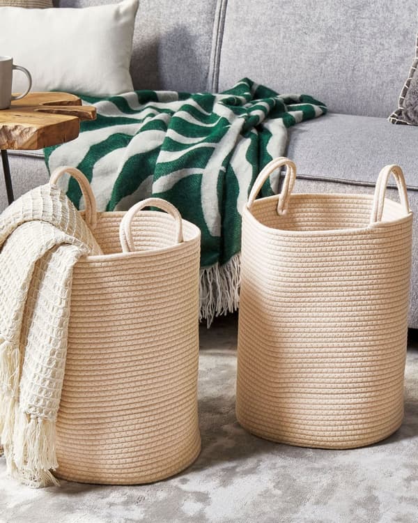 Kori vaalea beige 34 x 39 x 34 cm puuvilla polyesteri pyöreä 2 kpl kahvat skandinaavinen