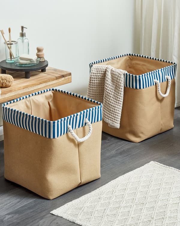 Sæt med 2 Opbevaringskurve Polyester Bomuld Beige Vasketøjsbeholdere Organisering med Håndtag Traditionel Stue Soveværelse