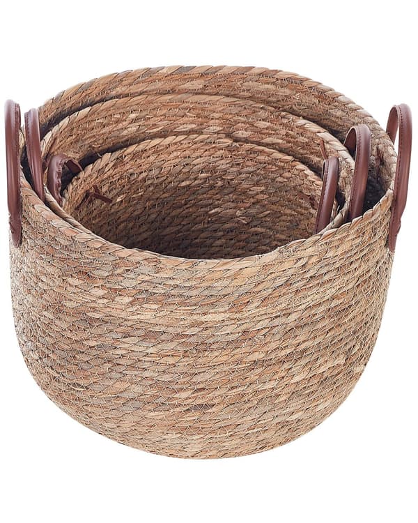 Sæt med 3 Naturligt Søgræs Opbevaringskurve Øko-læder Håndtag i Boho Stil