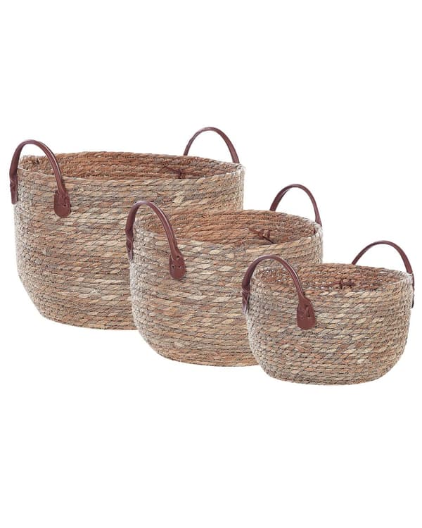 Sæt med 3 Naturligt Søgræs Opbevaringskurve Øko-læder Håndtag i Boho Stil
