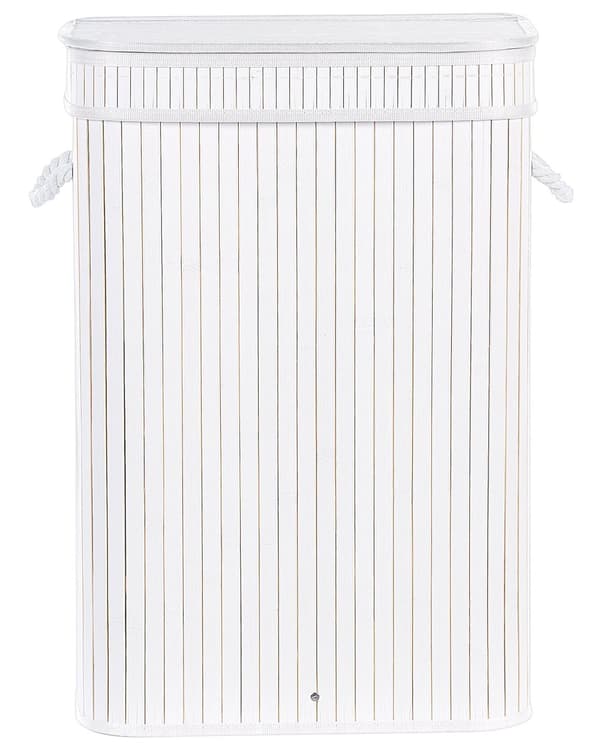 Vasketøjskurv Hvid Bambus Træ 60 x 30 x 40 cm Høj Smal Firkantet Vaskekurv med Låg og Håndtag til Badeværelse Snavsetøjskurv Baderum