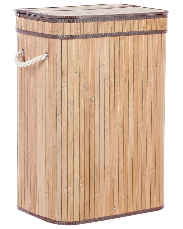 Vasketøjskurv Lyst Bambus Træ 60 x 30 x 40 cm Høj Smal Firkantet Vaskekurv med Låg og Håndtag til Badeværelse Snavsetøjskurv Baderum