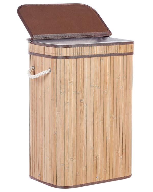 Vasketøjskurv Lyst Bambus Træ 60 x 30 x 40 cm Høj Smal Firkantet Vaskekurv med Låg og Håndtag til Badeværelse Snavsetøjskurv Baderum