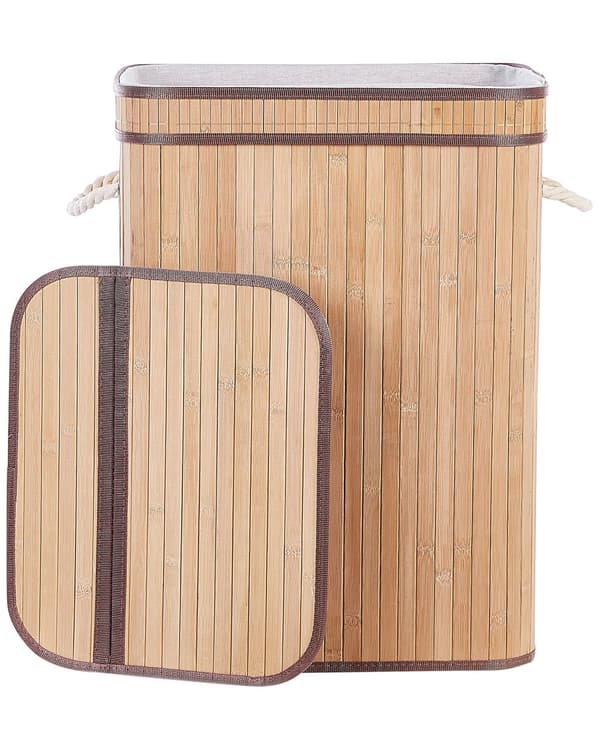 Vasketøjskurv Lyst Bambus Træ 60 x 30 x 40 cm Høj Smal Firkantet Vaskekurv med Låg og Håndtag til Badeværelse Snavsetøjskurv Baderum