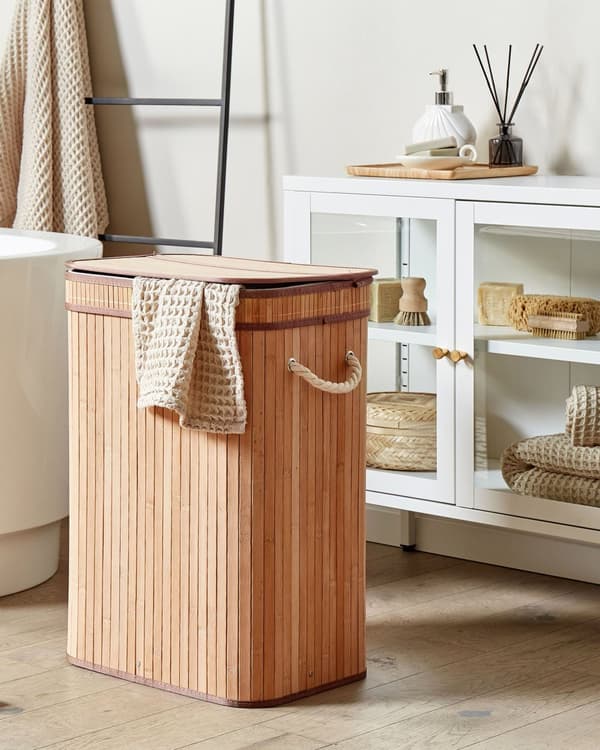 Vasketøjskurv Lyst Bambus Træ 60 x 30 x 40 cm Høj Smal Firkantet Vaskekurv med Låg og Håndtag til Badeværelse Snavsetøjskurv Baderum