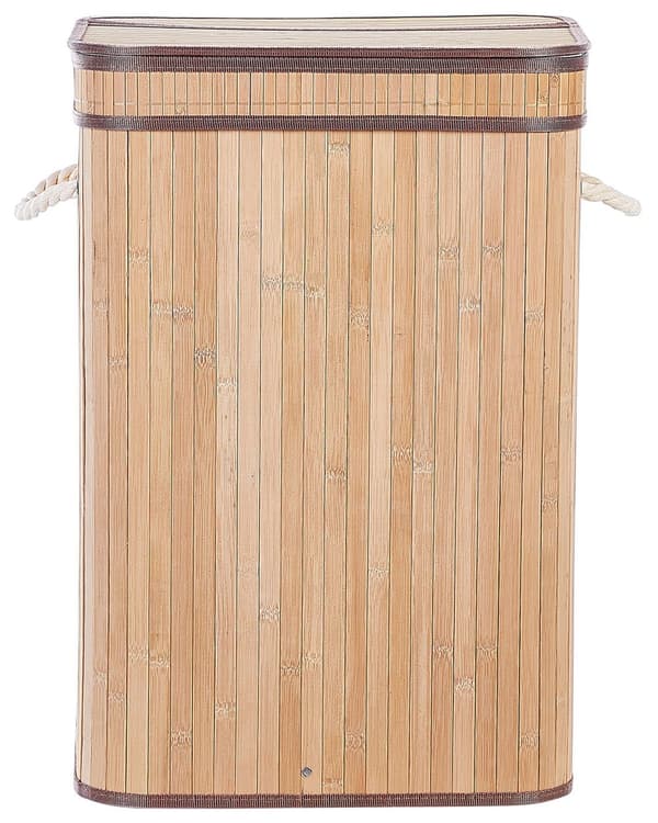 Vasketøjskurv Lyst Bambus Træ 60 x 30 x 40 cm Høj Smal Firkantet Vaskekurv med Låg og Håndtag til Badeværelse Snavsetøjskurv Baderum