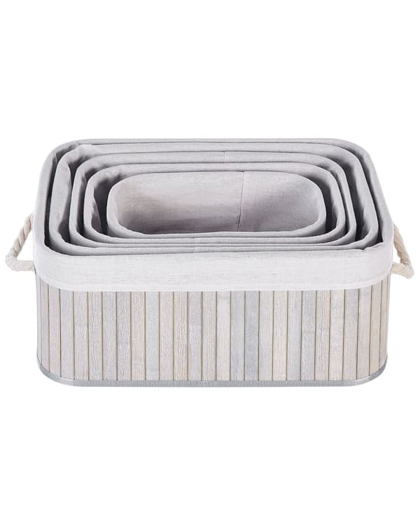 Sett med 5 Kurver Grå Naturlige Bambus tre Polyester med håndtak Boho Moderne Oppbevaringstilbehør
