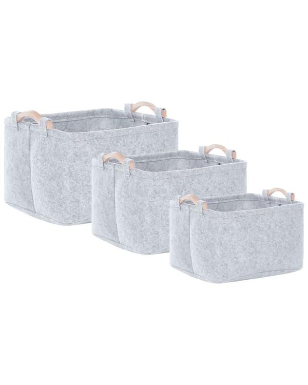 Set med 3 Förvaringskorgar Grå Filt Handgjorda med Trähandtag Skandinavisk Design