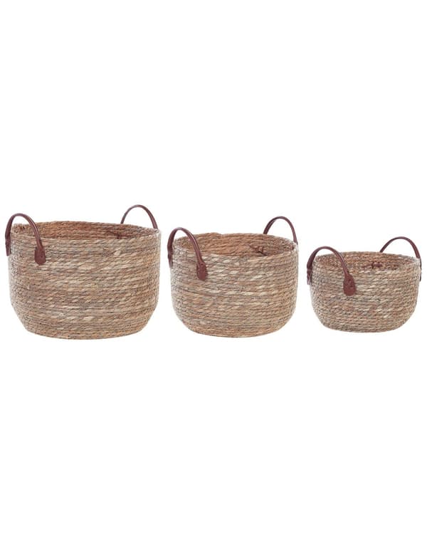 Set med 3 Förvaringskorgar Naturlig Sjögräs med Handtag i Konstläder Tvättkorg Boho-Stil Badrum Sovrum