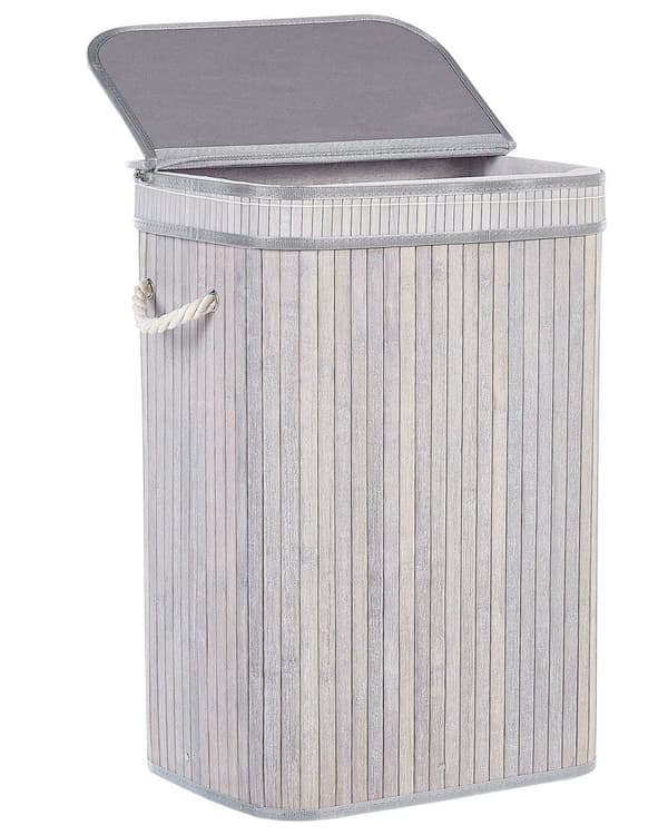 Vasketøjskurv Grå Bambus Træ 60 x 30 x 40 cm Høj Smal Firkantet Vaskekurv med Låg og Håndtag til Badeværelse Snavsetøjskurv Baderum