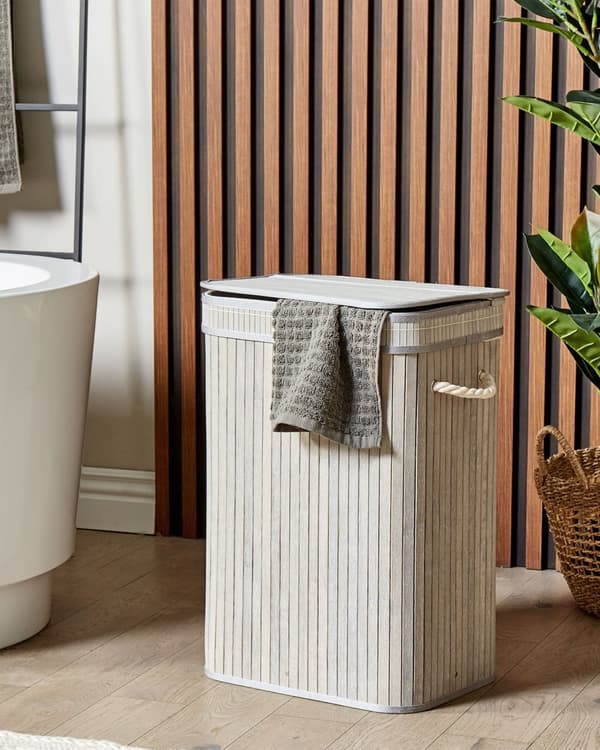 Vasketøjskurv Grå Bambus Træ 60 x 30 x 40 cm Høj Smal Firkantet Vaskekurv med Låg og Håndtag til Badeværelse Snavsetøjskurv Baderum