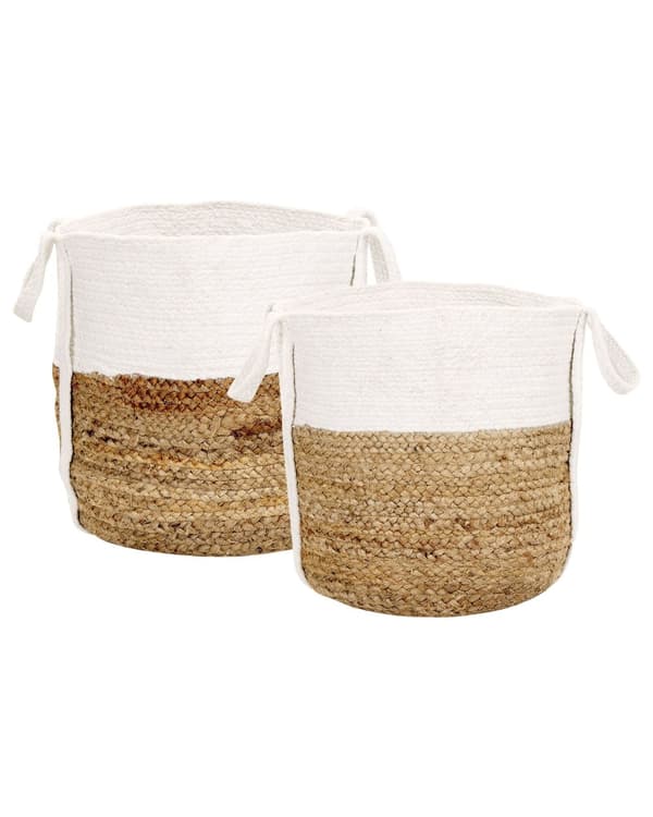 Set med 2 Förvaringskorgar Beige Vit Jute Bomull Flätad Tvättkorg Naturliga Material Sovrum Badrum Tvättstuga Boho