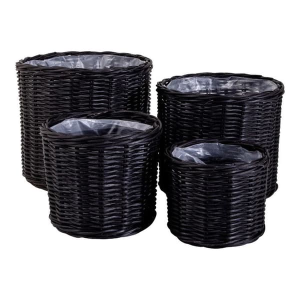 4 runda svarta rottingkorgar med plastbelagd insida