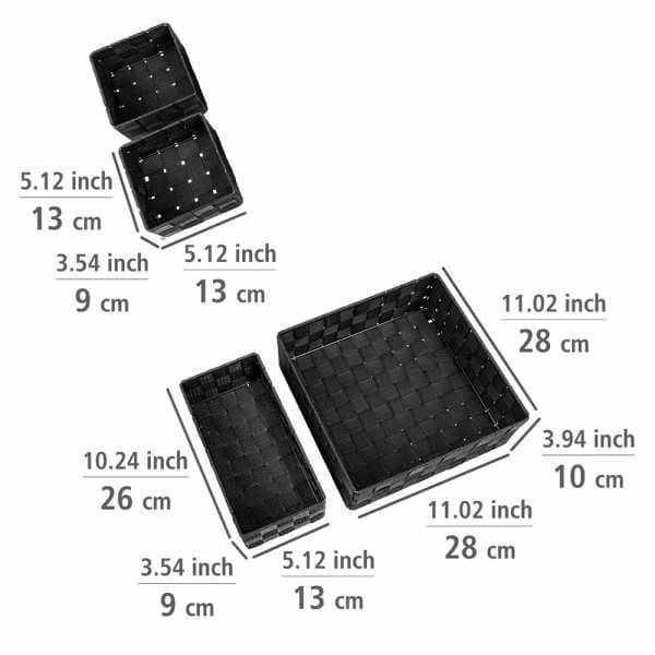 Adria Black Bath Trash, set med 4, dekorativ förvaring och organisation i storlekarna S, M och L för kök, badrum