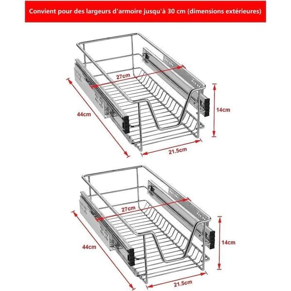 LZQ teleskopisk kökslåda - Set om 4 - 30cm - Kromad metall - Grå