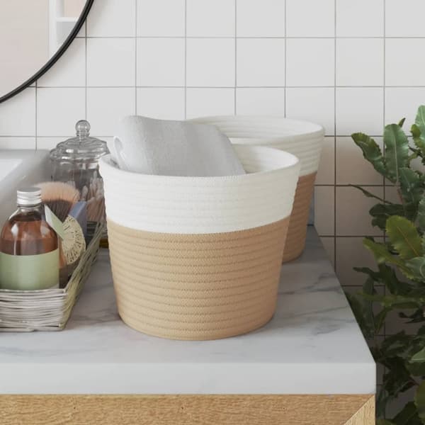 vidaXL Förvaringskorgar 2 st beige och vit Ø24x18 cm bomull