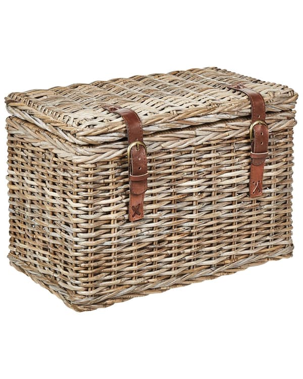 Sett med 2 kurver Naturlig rotting med skinnbelter og lokk Håndlaget mahogniramme Boho-stil Stue Soverom