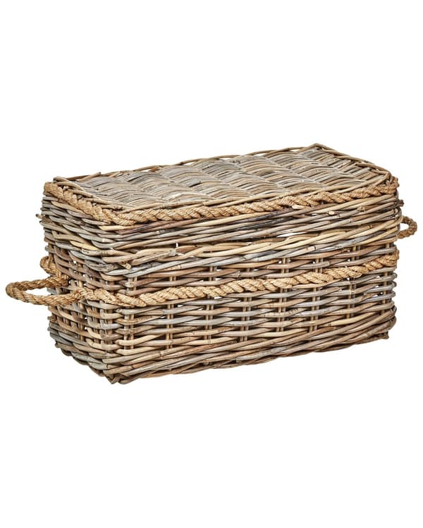 Sett med 3 kurver i naturlig rotting med tauhåndtak og lokk Håndlaget mahogniramme Boho-stil Stue Soverom
