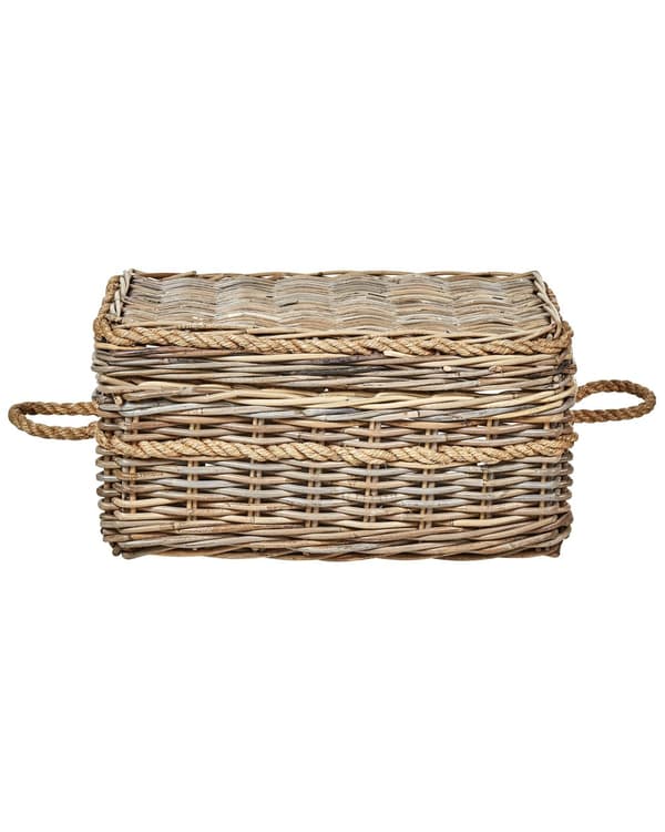 Sett med 3 kurver i naturlig rotting med tauhåndtak og lokk Håndlaget mahogniramme Boho-stil Stue Soverom