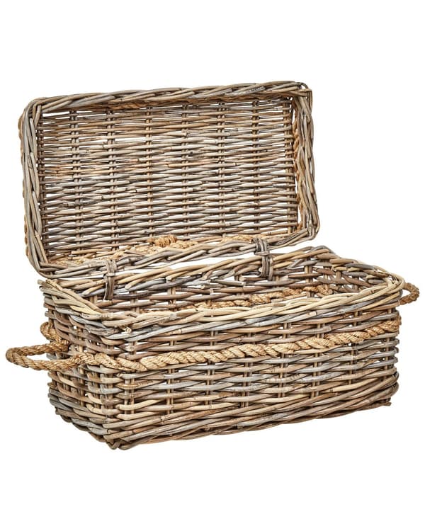 Sett med 3 kurver i naturlig rotting med tauhåndtak og lokk Håndlaget mahogniramme Boho-stil Stue Soverom