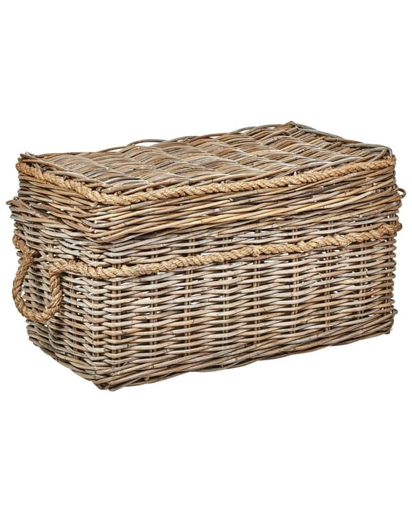 Sett med 3 kurver i naturlig rotting med tauhåndtak og lokk Håndlaget mahogniramme Boho-stil Stue Soverom
